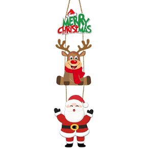 Merry Christmas Sign Christmas Door Decor Christmas Door Sign Cute Reindeer Santa Claus Decor Wooden Christmas Door Hanger for Front Door Porch Wall Indoor Home Decor