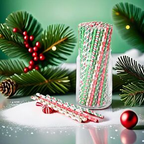 Christmas Paper Straws, 105 Counts 10 Styles Red Green Gold Christmas Straws Tree Snowflake Decoration Paper Straws for Crafts,Drinking,Cocktail, New Year, Party (0.24" x 7.75")