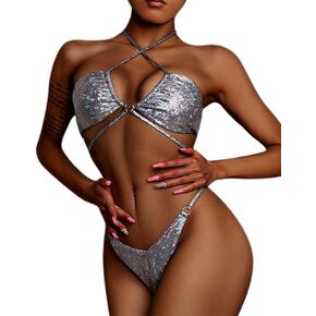 Women Shiny Holographic Metal Ring Bikini Set Sexy Criss Cross Halter Thong Swimsuit for Rave Festival