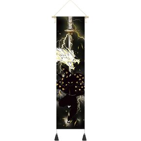 Hanging Poster Canvas Wall Art Painting Anime Characters Tapestry Silhouette Effect Wall Tapestry With 2 Tassels And Wooden Hanging Rod Wall Decor Tapestry Decoration For Room (Dragon-Sword-Style1)