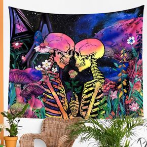 GYW Blacklight Skull Tapestry Wall Hanging Plant Mushroom Tapestry for Bedroom Aesthetic Floral Decoration Wall Tapestry for Living (Skull, S：51inx59in)