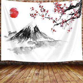 Japanese Decor Large Tapestry, Asian Anime Mount Fuji Red Sun Tapestry Wall Hanging for Bedroom, Japanese Art Cherry Blossom Decorations Tapestry Beach Blanket College Dorm (80"W X 60"H)