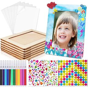 Bayuxacn 12 PCS Wooden Crafts Photo Frames, DIY Photo Frame Craft Kit for 4×6 Inch Photos with Plastic Protector, Color Pens, and Christmas 3D Stereo Stickers for Christmas Themed Events
