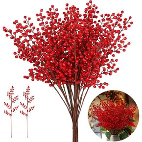 Redbaker 24 Pcs 26Inch Artificial Berry Stem Christmas Long Red Berry Picks Frosted Holly Berry Branches Fake Berry Picks for Holiday Christmas Tree Home Decor and Crafts (Simple Style)