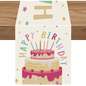 Happy Birthday Cake Table Runner, 14 x 72 Inch Dining Table Runner for Celebrate Birthday Party Table Decorations, Outdoor Indoor Party Supplies