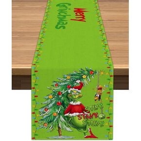 Vohado Merry Christmas Table Runner Green Whoville Decoration Winter Holiday Party Decor Xmas Dining Room Home Kitchen Table Decor