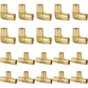1/2" PEX Fitting, 20 Pack Brass Crimp Fitting Kit for Plumbing Repairs or Remolding, Includes 10Pcs Tee and 10Pcs Elbow, Sturdy & Durable