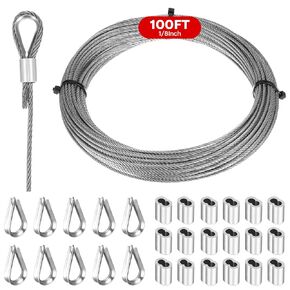 1/8" Wire Rope, 98 FT Stainless Steel Cable, 7x7 Strand Core Metal Wire Cable with 18Pcs Aluminum Crimping Sleeves and 10Pcs Thimbles for Deck Railing Stair Handrail Balusters Clothesline (3MM)