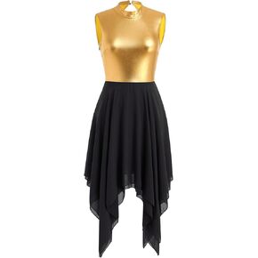 ODASDO Women Lyrical Dance Dresses Sleeveless Metallic Gold Block Irregular Hem Chiffon Flowy Midi Dress XS-XL