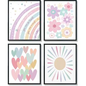 ULEGIE Pastel Boho Nursery Girl Affirmation Wall Art Prints Set of 4, Girls Room Wall Decor, Boho Sunshine Rainbow Floral Nursery Wall Decor for Toddler Girls Room Playroom, 8x10 Inch Unframed