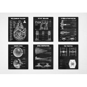 Star Wars Wall Art Decor Pictures Prints - Set of 6 (8x10) Unframed - Starwars Poster Painting House Bathroom Bedroom Office Decor Blueprints Artwork Gift Star Wars Lovers