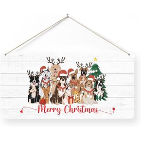 FISWAFY Dog Christmas Hanging Signs, Christmas Wall Sign, Christmas Santa Reindeer Dogs Wooden Plaque Signs Wall Hanging, Merry Christmas Hanging Sign for Front Door Porch Decorations, 12x6 Inch
