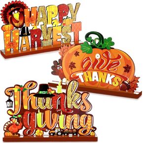 Blulu 3 Pieces Thanksgiving Wood Tabletop Decor Happy Harvest Give Thanks Thanksgiving Wood Sign Thanksgiving Wooden Table Centerpieces for Thanksgiving Party Home Kitchen Shelf Table Decoration