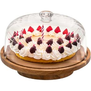 Wood Cake Stand with Lid, 11.8'' Rotating Cake Stand with Dome, Shaterproof 10.4'' Acrylic Cake Display Cover, Cake Holder Tray for Wedding Gift，Kitchen,Birthday,Parties,Baking Gifts