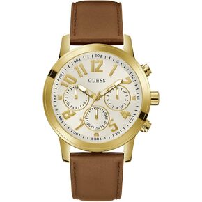 GUESS Men's 44mm Watch - Brown Strap White Dial Gold-Tone Case
