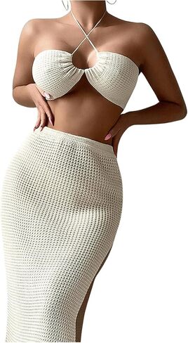 SHENHE Women's Two Piece Cover Up Set Cross Halter Neck Cover Up Top with High Split Long Beach Skirt in Saudi Arabia