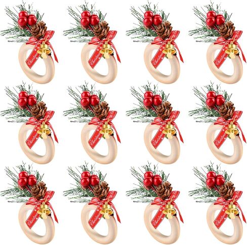 مجموعة حلقات مناديل عيد الميلاد المكونة من 12 حلقة، حلقات منديل ريفية مصنوعة يدويًا من أكواز الصنوبر والتوت، حامل حلقة منديل لديكور طاولة عيد الميلاد وحفلات الزفاف الشتوية in Kuwait