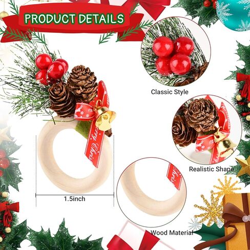 مجموعة حلقات مناديل عيد الميلاد المكونة من 12 حلقة، حلقات منديل ريفية مصنوعة يدويًا من أكواز الصنوبر والتوت، حامل حلقة منديل لديكور طاولة عيد الميلاد وحفلات الزفاف الشتوية in Kuwait