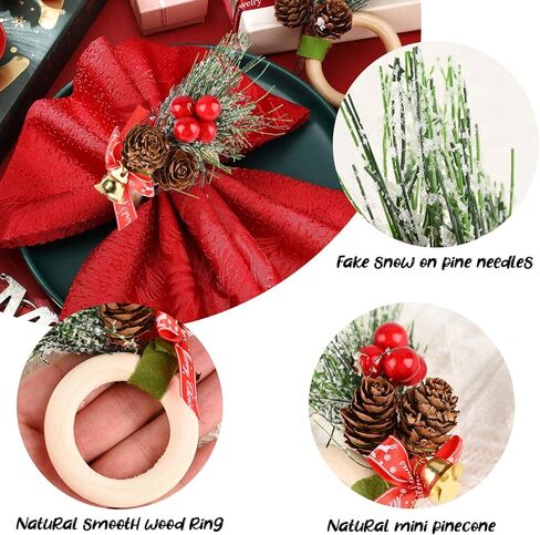 مجموعة حلقات مناديل عيد الميلاد المكونة من 12 حلقة، حلقات منديل ريفية مصنوعة يدويًا من أكواز الصنوبر والتوت، حامل حلقة منديل لديكور طاولة عيد الميلاد وحفلات الزفاف الشتوية in Kuwait