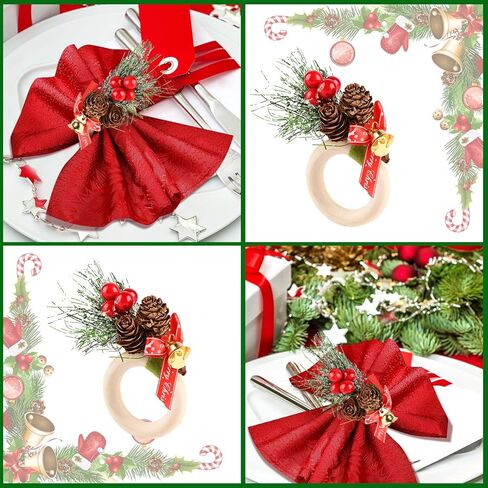مجموعة حلقات مناديل عيد الميلاد المكونة من 12 حلقة، حلقات منديل ريفية مصنوعة يدويًا من أكواز الصنوبر والتوت، حامل حلقة منديل لديكور طاولة عيد الميلاد وحفلات الزفاف الشتوية in Kuwait