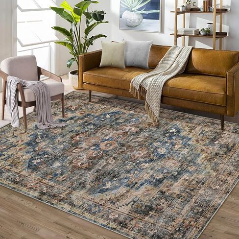 GAOMON 9x12 Area Rug Vintage Distresse Machine Washable Area Rug for Living Room Bedroom Traditional Medallion Floral Non-Slip Stain Resistant Accent Rug Carpet for Home Decor, Brown in Kuwait