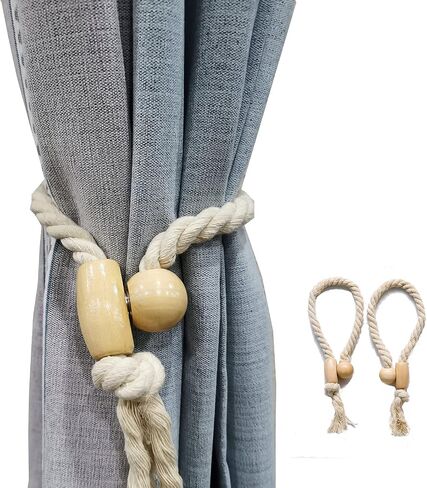 2 Pack Magnetic Curtain Tiebacks, Natural Curtain Rope Tieback Holdback Home Decorative Tie Backs with Durable Wooden Buckle and Tassel Tie Holder for Home Bedroom Outdoor Decor (Gray) in Saudi Arabia