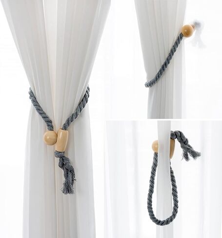 2 Pack Magnetic Curtain Tiebacks, Natural Curtain Rope Tieback Holdback Home Decorative Tie Backs with Durable Wooden Buckle and Tassel Tie Holder for Home Bedroom Outdoor Decor (Gray) in Saudi Arabia