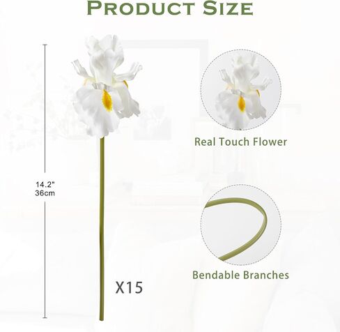 Hollyone Iris Artificial Flowers 15Pcs Faux Iris White Flowers 14.2" Real Touch Fake Flowers Picks Bouquets for Wedding Bridal Home Arrangements Office Table Centerpieces Decor in Saudi Arabia