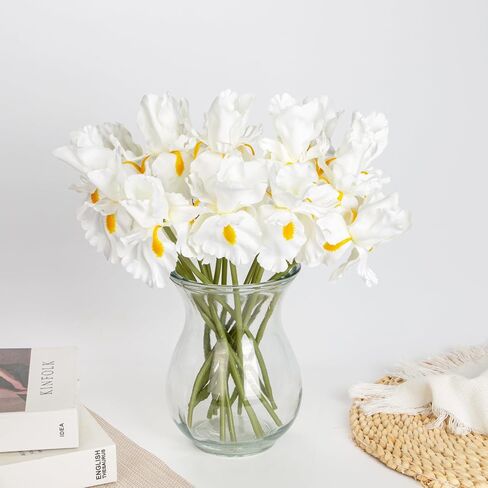 Hollyone Iris Artificial Flowers 15Pcs Faux Iris White Flowers 14.2" Real Touch Fake Flowers Picks Bouquets for Wedding Bridal Home Arrangements Office Table Centerpieces Decor in Saudi Arabia