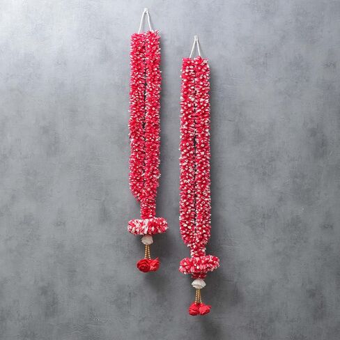 إكليل زهور من خشب فارمالا سولا بطول 3.5 قدم | حفل زفاف المهرجانات الهندية، غرفة بوجا أصنام الله، إطارات الصور مالا | جيمالا/هار للعروس والعريس | الأبيض والأحمر (عبوة من 1) in Kuwait