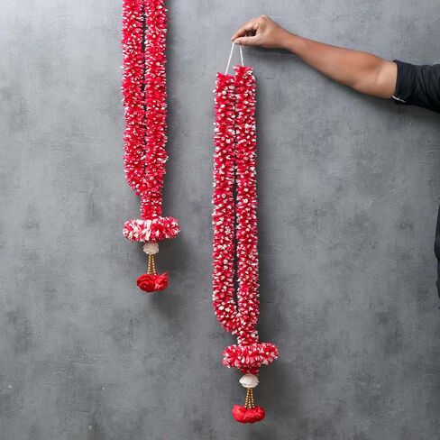 إكليل زهور من خشب فارمالا سولا بطول 3.5 قدم | حفل زفاف المهرجانات الهندية، غرفة بوجا أصنام الله، إطارات الصور مالا | جيمالا/هار للعروس والعريس | الأبيض والأحمر (عبوة من 1) in Kuwait