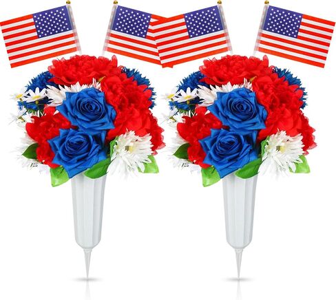 2 Set Red White and Blue Grave Flowers with Vase for Cemetery Patriotic Memorial Bouquet Artificial Flowers Thank You Veterans Roses with American Flags Headstones Bouquet for Memorial Day in Saudi Arabia