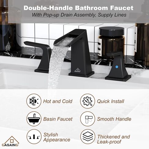 CASAINC Bathroom Faucets for Sink 3 Hole, 2 Handle Bathroom Sink Faucet, Matte Black Centerset Faucet for Bathroom, Vanity Faucet with Pop-up Drain and Water Supply Lines(Drain Assembly Included) in Saudi Arabia