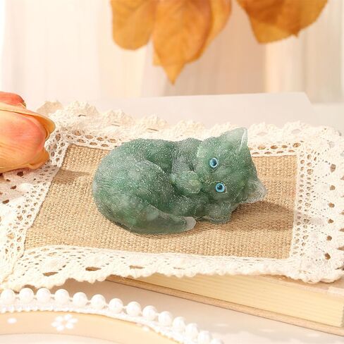 ZHIYUXI 3" Green Aventurine Cat Figurines Sleeping Green Cat Statue Decor Gemstones Healing Crystals Reiki Energy Balance Room Decor in Kuwait