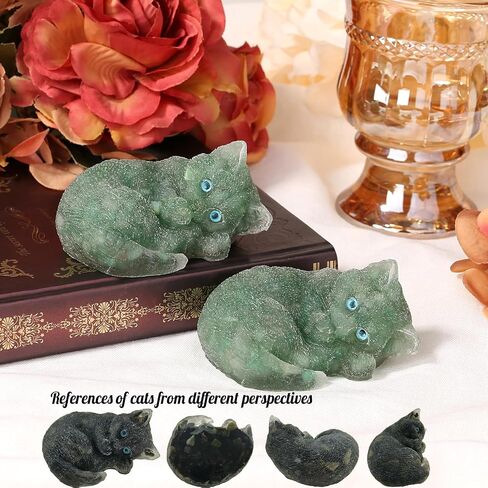 ZHIYUXI 3" Green Aventurine Cat Figurines Sleeping Green Cat Statue Decor Gemstones Healing Crystals Reiki Energy Balance Room Decor in Kuwait