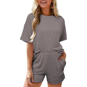 SHEWIN Women's 2 Piece Outfits 2025 Summer Shorts Sets Pajamas Lounge Sets Short Sveless Top and Shorts with Pockets