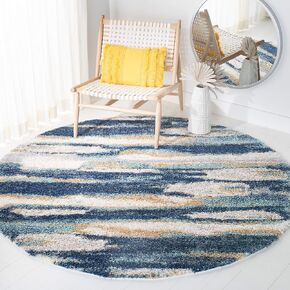 Safavieh Calista Shag CAL108M Abstract 1-inch Thick Non-Shedding Living Room Bedroom Plush Area Rug 6'7" Round Blue/Ivory