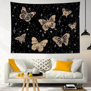 LB Gold Butterfly Tapestry, Black and White Starry Night with Golden Butterflies Wall Tapestry for Bedroom, Aesthetic Wall Hanging Tapestry Fantasy Wall Art for Living Room Dorm Decor, 60 x 40 Inches