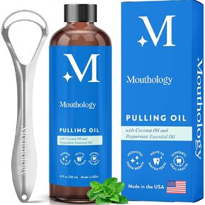 Mouthology Coconut Oil Pulling for Teeth and Gums, Whitening Pulling Oil Coconut Mint Mouthwash for Fresh Breath (Made in USA) Ayurvedic Oil Pulling Mouth Gum Health with Tongue Scraper Oral Care 8oz