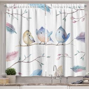 Ambesonne Animal Kitchen Curtains, Hand Drawn Birds Sitting on Branch Cartoon in Boho Style Watercolors Leaves Feathers, Window Drapes 2 Panel Set for Kitchen Cafe Decor, 55" X 39", White Blue
