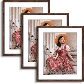 24x32 Picture Frame Dark Brown, 3Pack, Walnut Picture Frame 24x32 Frame Matted to 20x28, Woodgrain Vintage 24 x 32 Frame Set for Photo Portrait Puzzle Gift, Gallery Frame for Artwork Wall Display