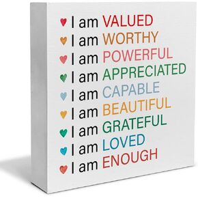 I am Valued Quote Decorative Wooden Box Sign Positive Affirmation Gift Wood Block Plaque Decor Home Office Desk Shelf or Wall Display