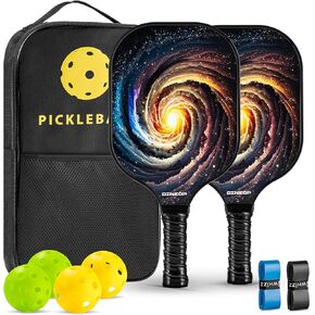 Pickleball Set, Fiberglass Pickle Ball Rackets, Pickleball Paddles Set of 2, 4 Balls, 2 Replacement Grip, 1 Carry Bag, Lightweight Pickleball Paddle Gifts for Women Men