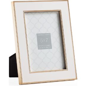 Torre & Tagus Regis Metal Trim Enamel Desktop Picture Frame for Table Top Open Shelf Display, 5" x 7", Gold/White