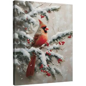 TLESKE Winter Christmas Cardinal Snowy Woodland Wall Art Decor, Red Bird Holly berries Canvas Wall Art Print for Bedroom Living Room, Vintage Rustic Winter Wall Artwork Picture, 11x14in
