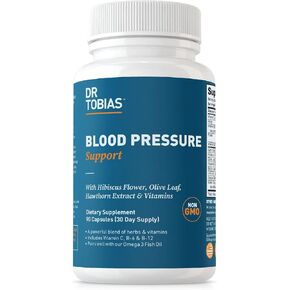 Dr. Tobias Blood Pressure Support Supplement with Hawthorn, Hibiscus Flower, Olive Leaf & Garlic, Supports Normal Circulatory Health with Vitamins C, B6, B12, Niacin, Folate & Herbs, 90 Capsules