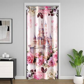 Girls Castle Door Curtain for Doorway Privacy,Dreamy Princess Castle Closet Door Cover Curtain for Bedroom Living Room,Pink Rose Flowers Room Darkening Curtain Butterfly Floral Curtain,W34 X L80