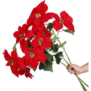 3 PCS 79cm Long Stem Poinsettia Flowers,Faux Peony Velvet Poinsettia Xmas Bush,Poinsettia Christmas Decorations,Red Poinsettia Decorative Fake Plants Indoor Home Decor(Red)