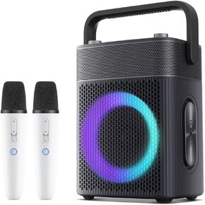 آلة كاريوكي مع 2 ميكروفونات بلوتوث لاسلكية UHF و4 أوضاع صوت، مكبر صوت بلوتوث متوافق مع Apple TV/Samsung TV-Support Bluetooth/AUX/USB لحفلة الغناء المنزلية
