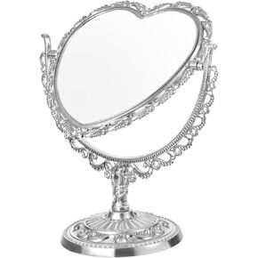 DOITOOL Heart Shaped Cosmetic Mirror Simple and Lovely Aesthetic Magnifying Mirror, Rotatable Double Sided Dresser Mirror Vintage Mirror Desktop Makeup Mirror Vanity Mirror for Desk (Sliver)
